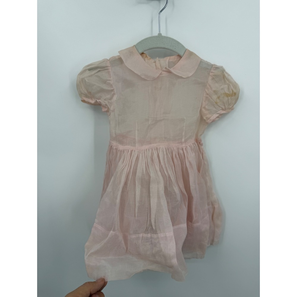 Unbranded Vintage Sheer Organza Dress Kids Size 2T Pink Puff Sleeve Stained Fair